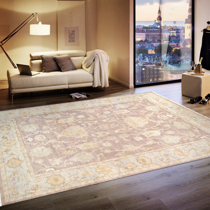 Tapis beige / rose en laine noué à la main Oushak