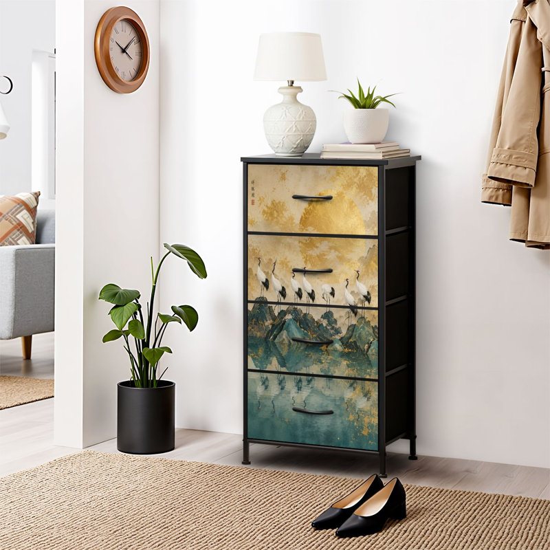 Commode 4 tiroirs pour chambre à coucher, commode étroite, plateau en bois et structure en fer 18 "x 37,5" - (lxH) - Avec grues élégantes reflétant le coucher de soleil doré