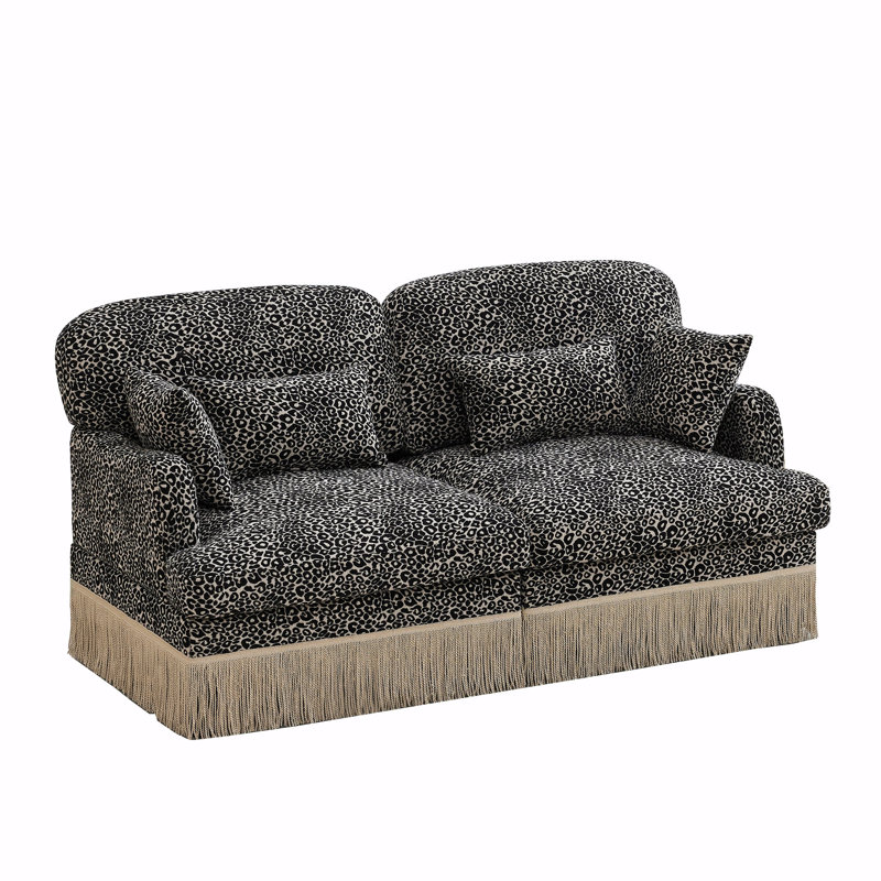 Comfy Chenille Leopard Printing Loveseat Sofa,Delicate Tassel Edge,Modern Fashion Modular Sectional Couch,Ergonomic Back And Seat Design, Easy Assembly,Deep Seat Couch For Living Room,Khaki Black