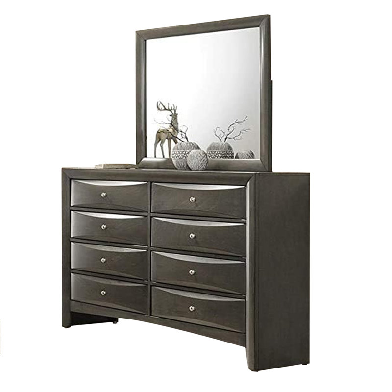 Ensemble de chambre à coucher grand 4 pièces avec tiroirs Simo, gris, Quatre pièces : lit, commode, miroir et table de, Gris