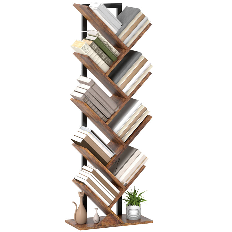 HOMCOM Tree Bookshelf Industrial Bookcase Steel Frame, (9 Shelves) 136cmH x 50cmW x 24cmD, Rustic Brown