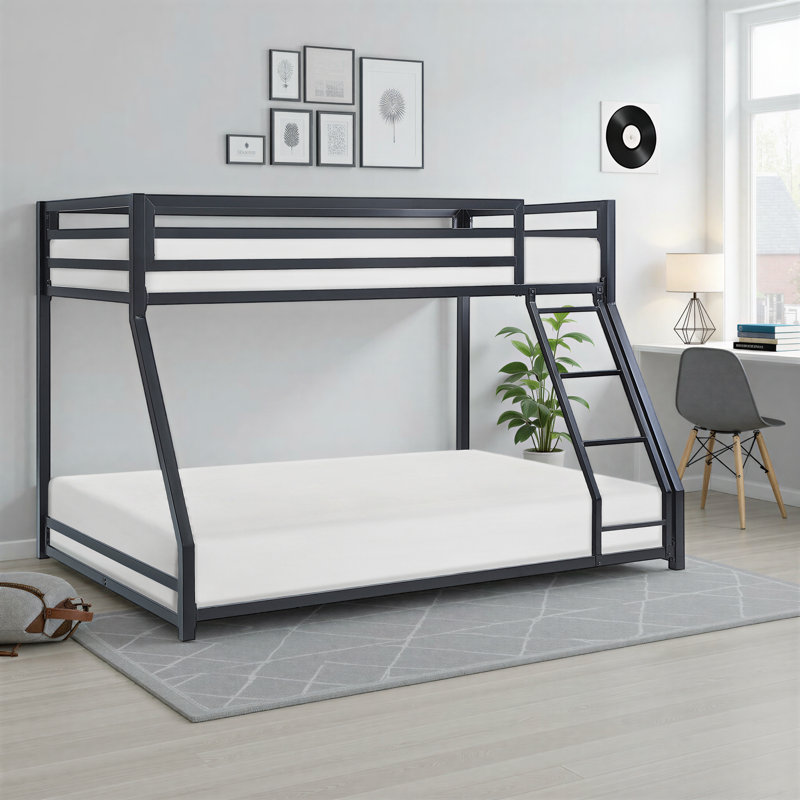 Lance Modern & Contemporary Metal Twin over Full Bunk Bed with Protective Guard Rails & Integrated Ladder, Black