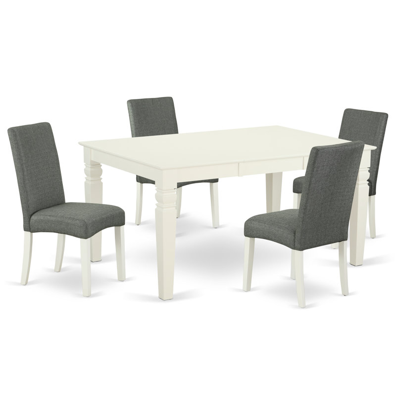 5 Piece Dining Set Includes a Rectangle Dining Room Table with Butterfly Leaf and 4 Gray Linen Fabric Upholstered Chairs, Linen White