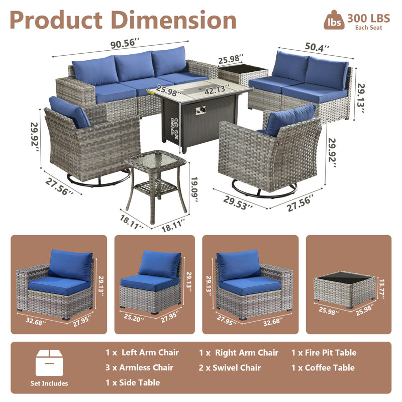 Ensemble de conversation de patio 10 pièces avec chaises berçantes pivotantes Bobia, ensemble de conversation avec foyer extérieur