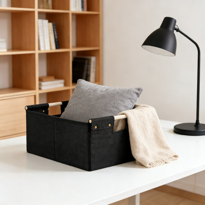 Bacs de rangement pliables en tissu avec poignées en bois, boîtes de rangement décoratives lavables pour la maison, la lessive et le rangement des tablettes