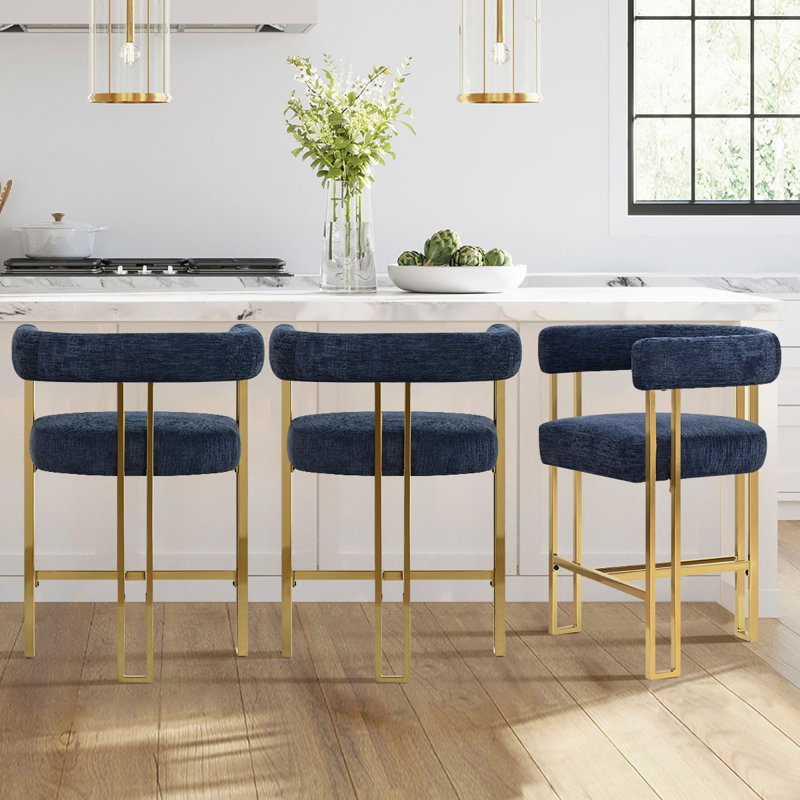 Dollie Set of 3 Upholstered Gold Chenille Solid Back Counter Stool, Blue