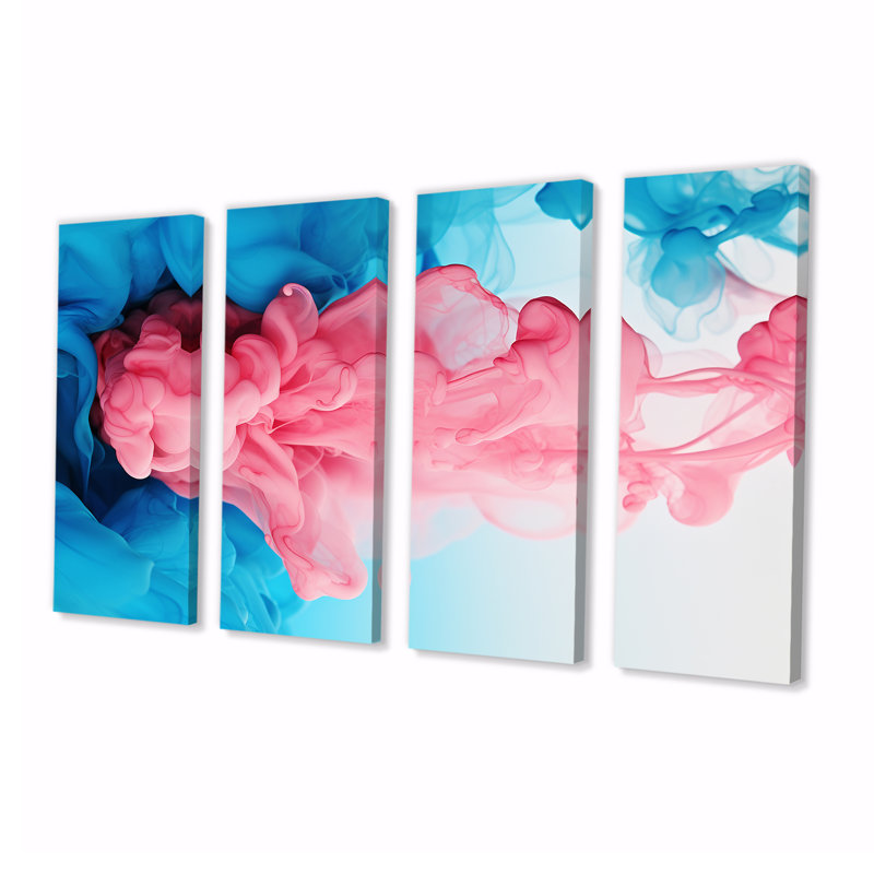 «Pink Émergence du bleu», art mural abstrait sur toile 4 pièces, H 32 po x l 64 po