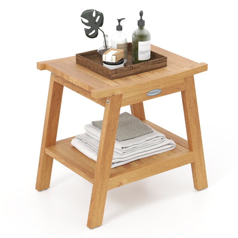 20'' Teak Wood Shower Bench w/ Storage Shelf Adjustable & Anti-slip Foot Pads Bathroom Spa Bathing Stool