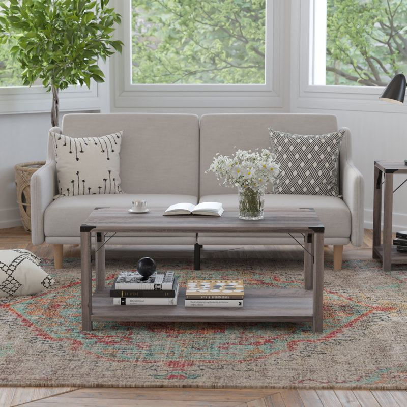 Table basse à 2 niveaux Talmon avec entretoises latérales en métal et embouts de coin, Gris foncé