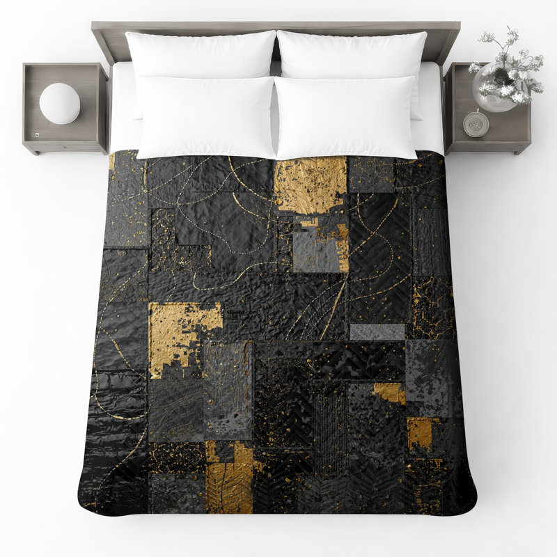 Black Gold Abstract Patchwork Quilted Bedspread All Sizes, Full / Double