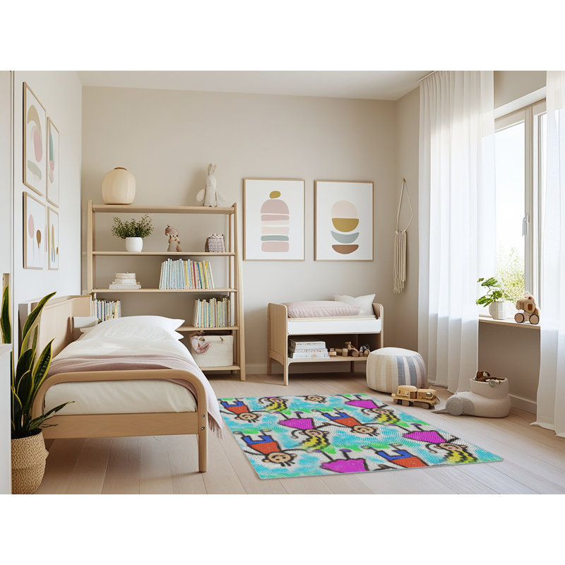 Tapis rose/bleu/vert à motifs, Rectangle 3 pi x 5 pi