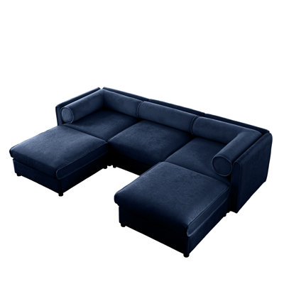 Modern Chenille Couch With Storage - Blue 3 U-Shaped Cylindrical And For Stylish Comfort
