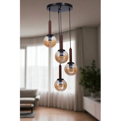Lustre réglable élégant, miel et noyer avec accents noirs, 11,8 po x 11,8 po x 31,5 po | Corps en métal avec capuchon en verre, 4 douilles E27 de 40 W maximum |  pour la salle à manger et les espaces de vie, design élégant et fonctionnel