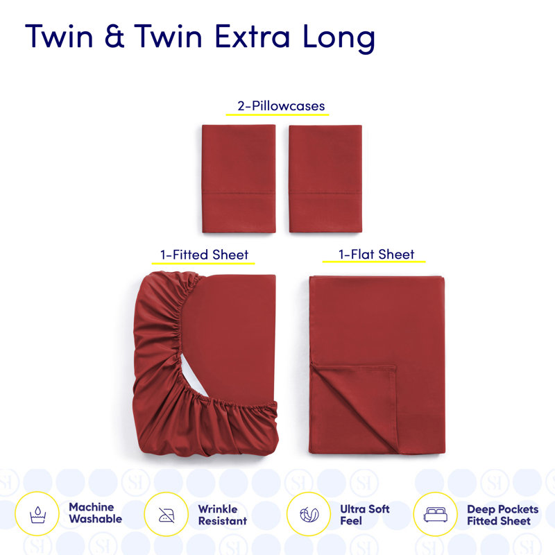 Luxurious Soft Microfiber Sheet Set with Bonus Pillowcases, Samba Red, Twin Sheet Set with 2 Pillowcases