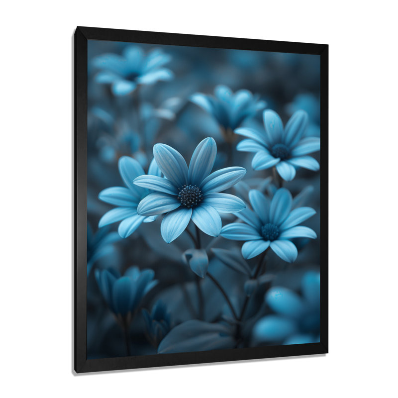 Décorations murales monochromes bleues et grises brumeuses I - marguerites, Cadre simple noir, H 32 po x l 24 po x P 1 po