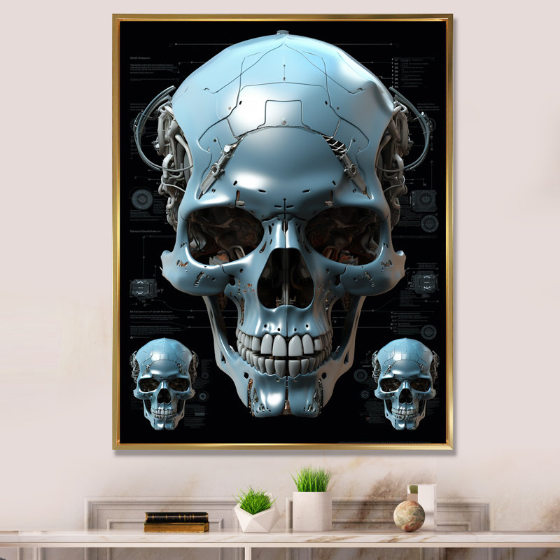 Reproduction d'art sur toile, "Happy Cyborg Skull Funky Halloween", Cadre flottant doré, H 32 po x l 16 po x P 1 po