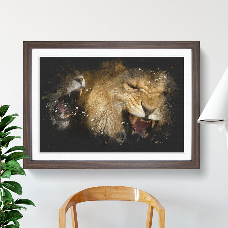Two Lions - Picture Frame Graphic Art, Walnut, 27cm H x 36cm W x 2cm D