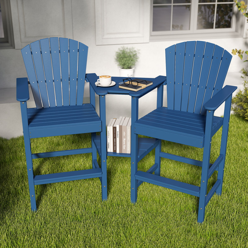 Tall Adirondack Chair Set Of 2, Hdpe Balcony Chairs With Connecting Tray, Two Cup Holders, Blue