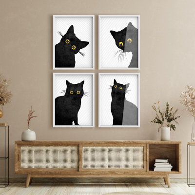 " Black Cats With Yellow Eyes Modern Pop Art Style Decor " 4 - Pieces