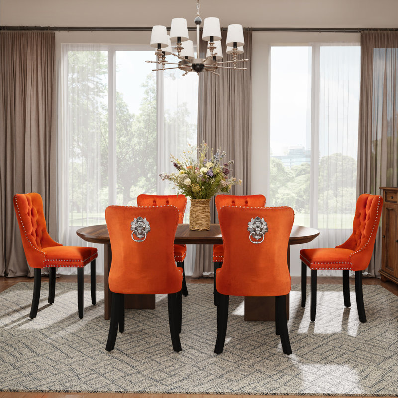 Modern Velvet  Wingback Tufted Solid Wood Upholstered Dining Chairs (Set of 6), Orange