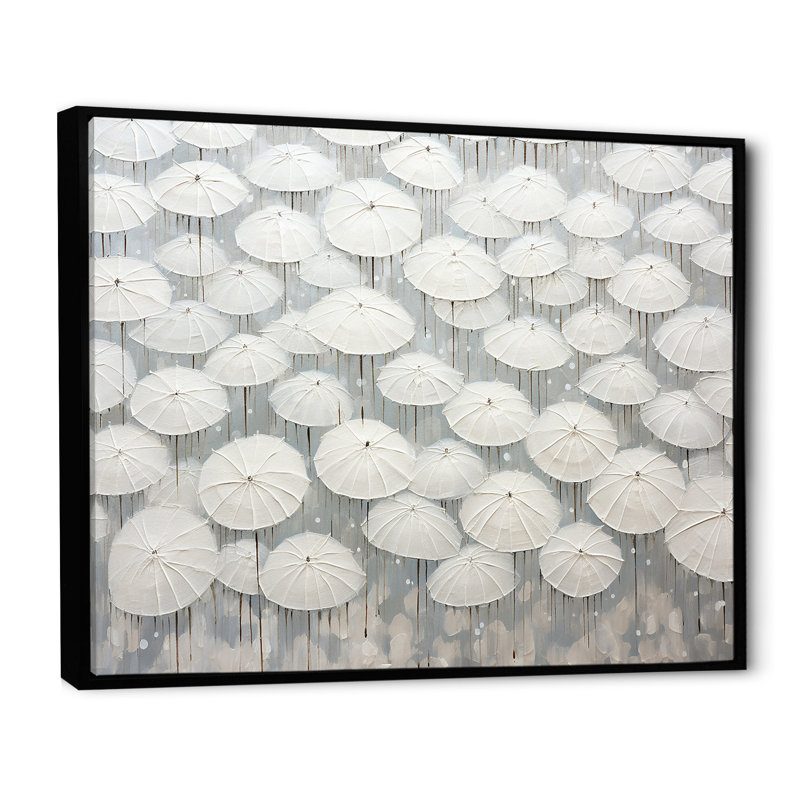 Ciel plein de parapluies blancs sur toile, Cadre flottant noir, H 34 po x l 44 po x P 1,5 po