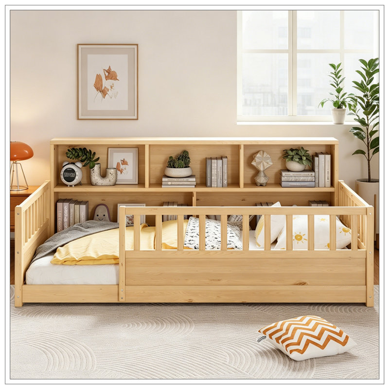 Lit simple en bois avec garde-corps de clôture et rangement décoratif latéral, Naturel