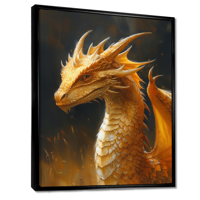 Jaune, noir, ailes dorées, dragon, dragon, art mural, salon, Toile avec cadre flottant noir, H 32 po x l 16 po x P 1 po