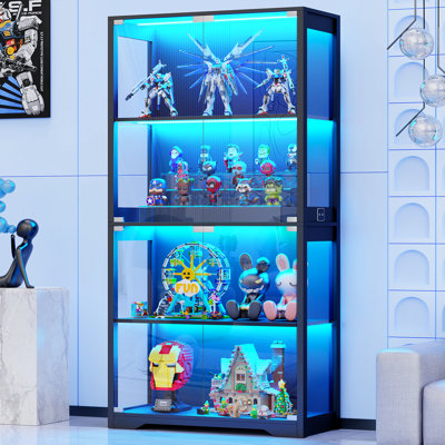 Display Cabinet with Glass Doors, 4-Tier Curio Cabinet with 3 Color Lights for Collectibles