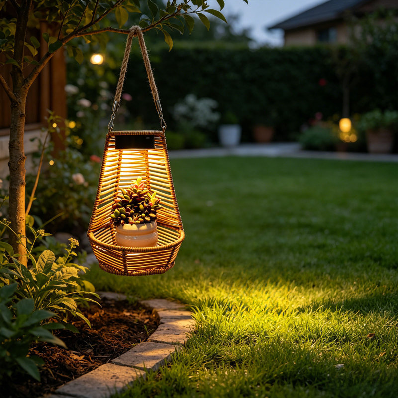 Veilleuse de jardin à énergie solaire pour l'extérieur Lampe de jardin en rotin tissée en pot, Coffee
