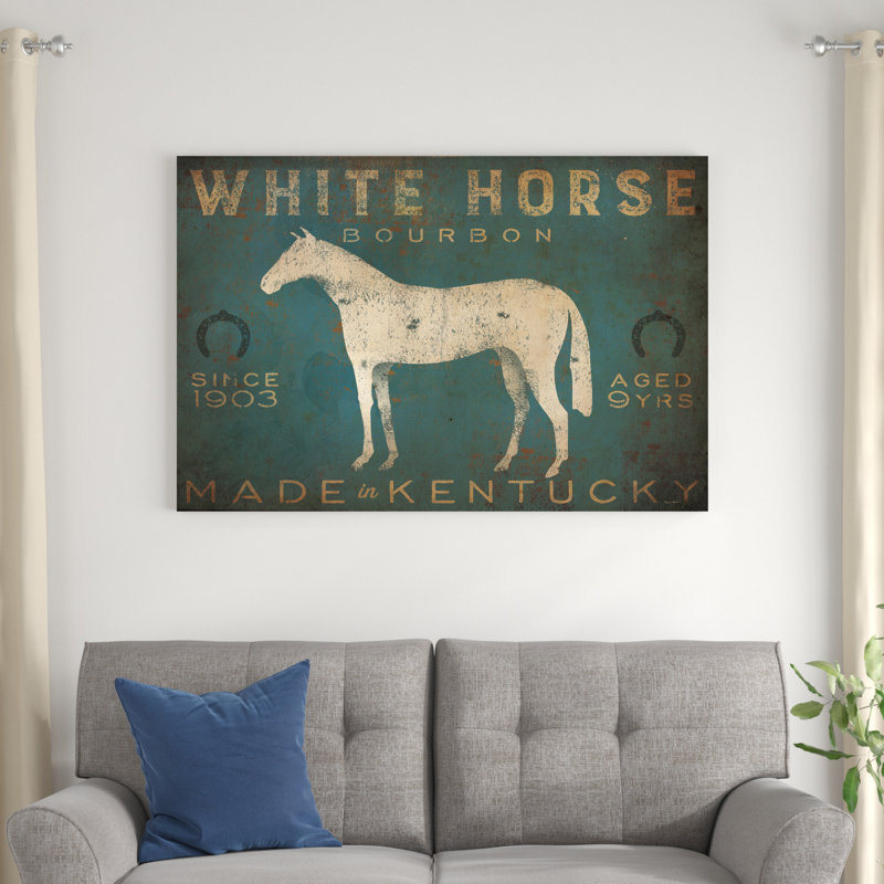 Cheval blanc avec mots bleus, H 32 po x l 48 po