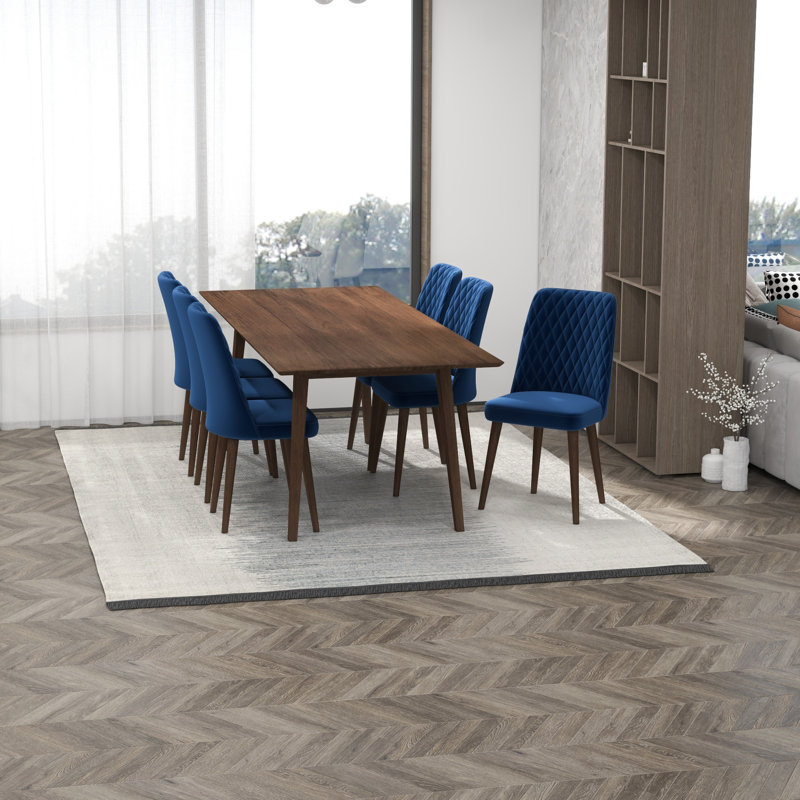 Ava 7-Piece Mid-Century Rectangular Dining Set W/ 6 Velvet Dining Chairs, Blue