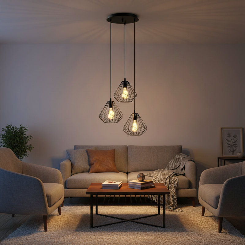 Luminaire suspendu cage en métal 3 lumières à hauteur réglable