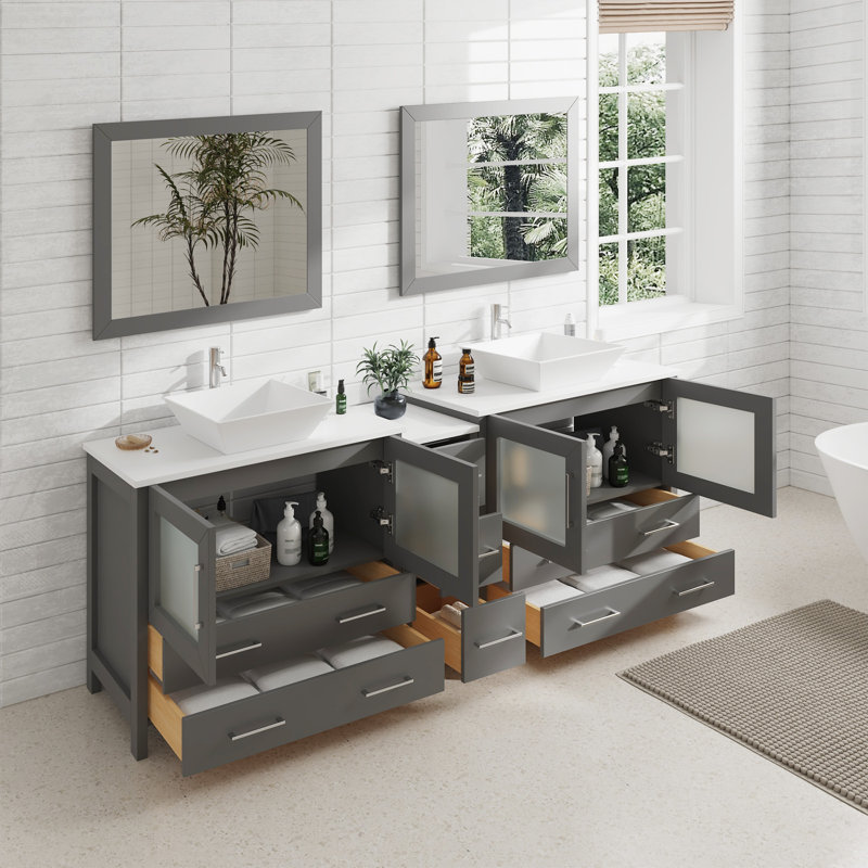  Wooden 84" Double Bathroom Vanity Set with Mirror, Gray