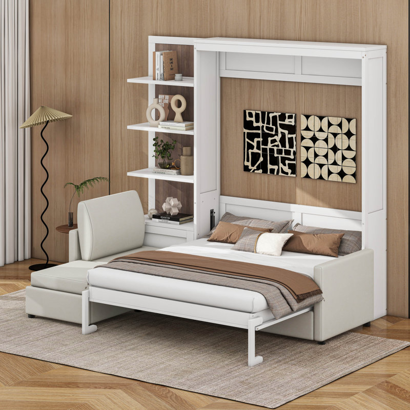 Lit escamotable avec canapé modulaire et tablettes de rangement réversibles, grand, Blanc