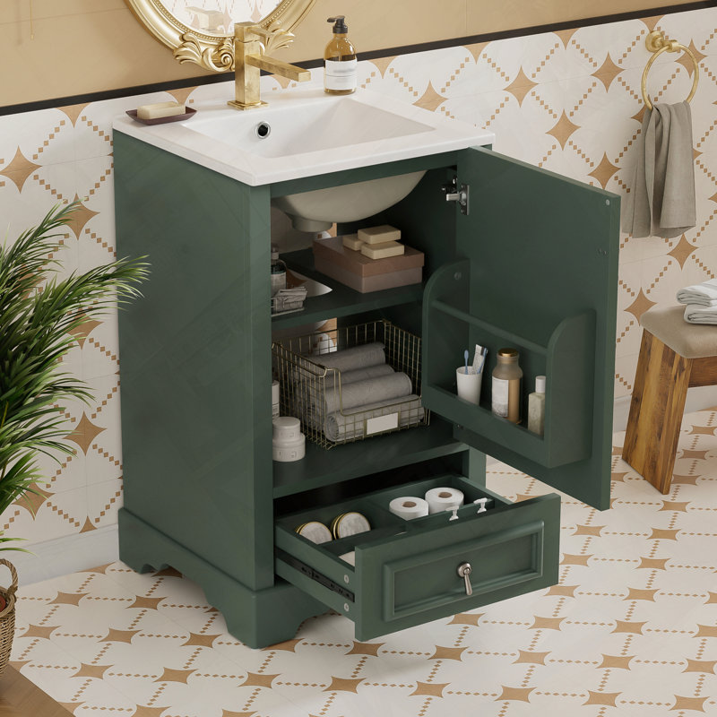 Meuble-lavabo moderne avec lavabo en céramique et rangement intelligent, Vert