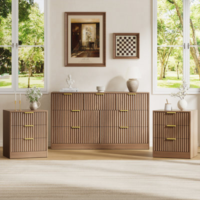 Ensemble 3 pièces commode 7 tiroirs et table de chevet 3 tiroirs