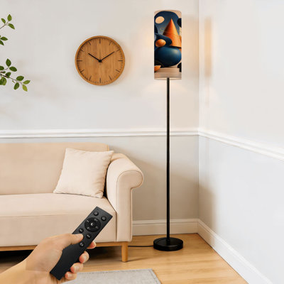 Lampe sur pied de 175 cm (69 pouces) à motif géométrique abstrait, formes bleues et oranges, éléments naturels, intensité variable, tige en métal, abat-jour cylindrique en lin, ampoule DEL 3 couleurs, télécommande et interrupteur au pied. Parfait pour le salon, la chambre ou le bureau.
