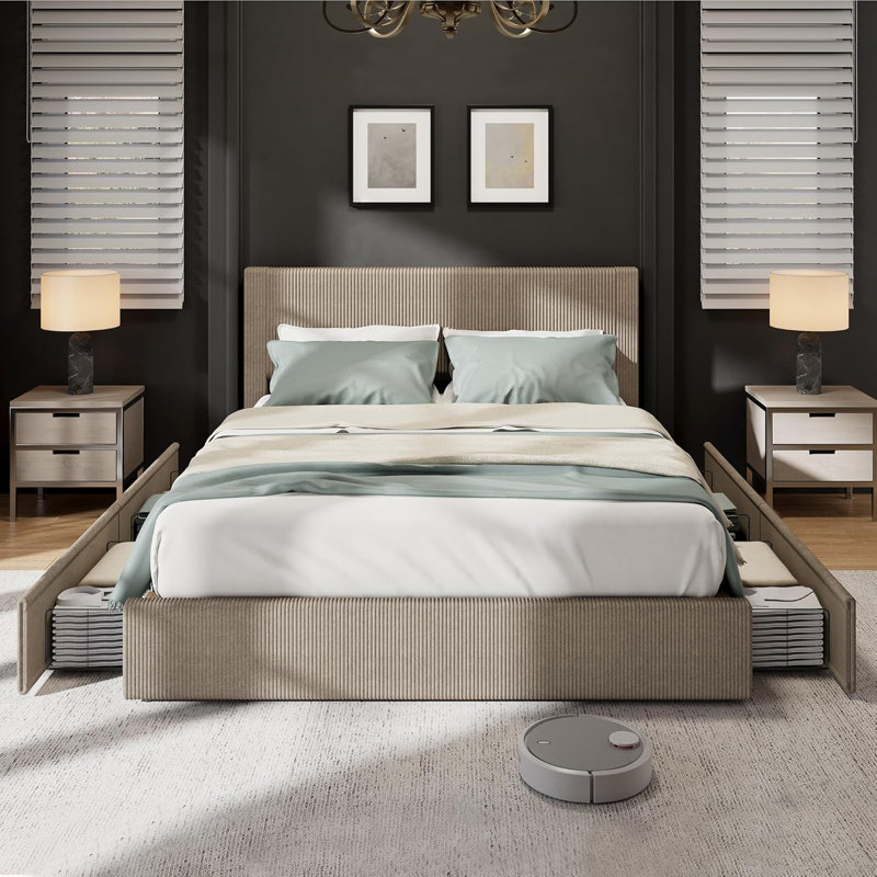 Corduroy King Bed Frame with Tufted Wingback Headboard, Upholstered Platform Bed with 4 Large Storage Drawers, No Box Spring Needed, Wood Slat Support, Noise Free, Easy Assembly, Black
