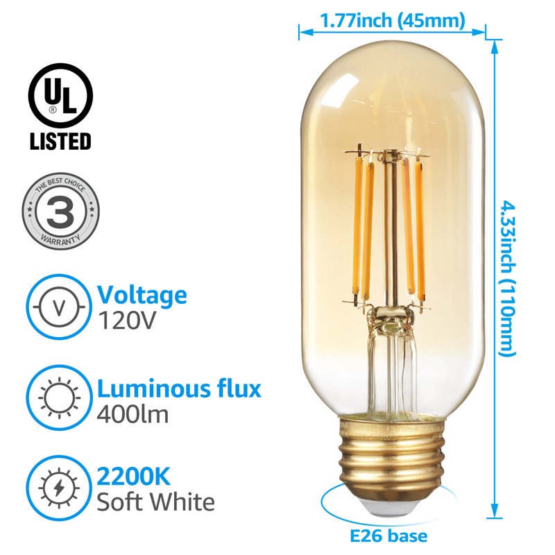 LED 4.5W Dimmable Vintage Bulb 2200K Soft White Amber 25W Equive. E26 Base