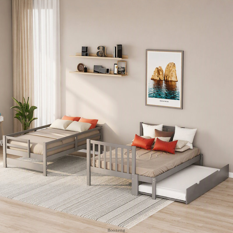 Lit superposé avec lit gigogne simple (un lit simple en haut et un lit double en bas), gris