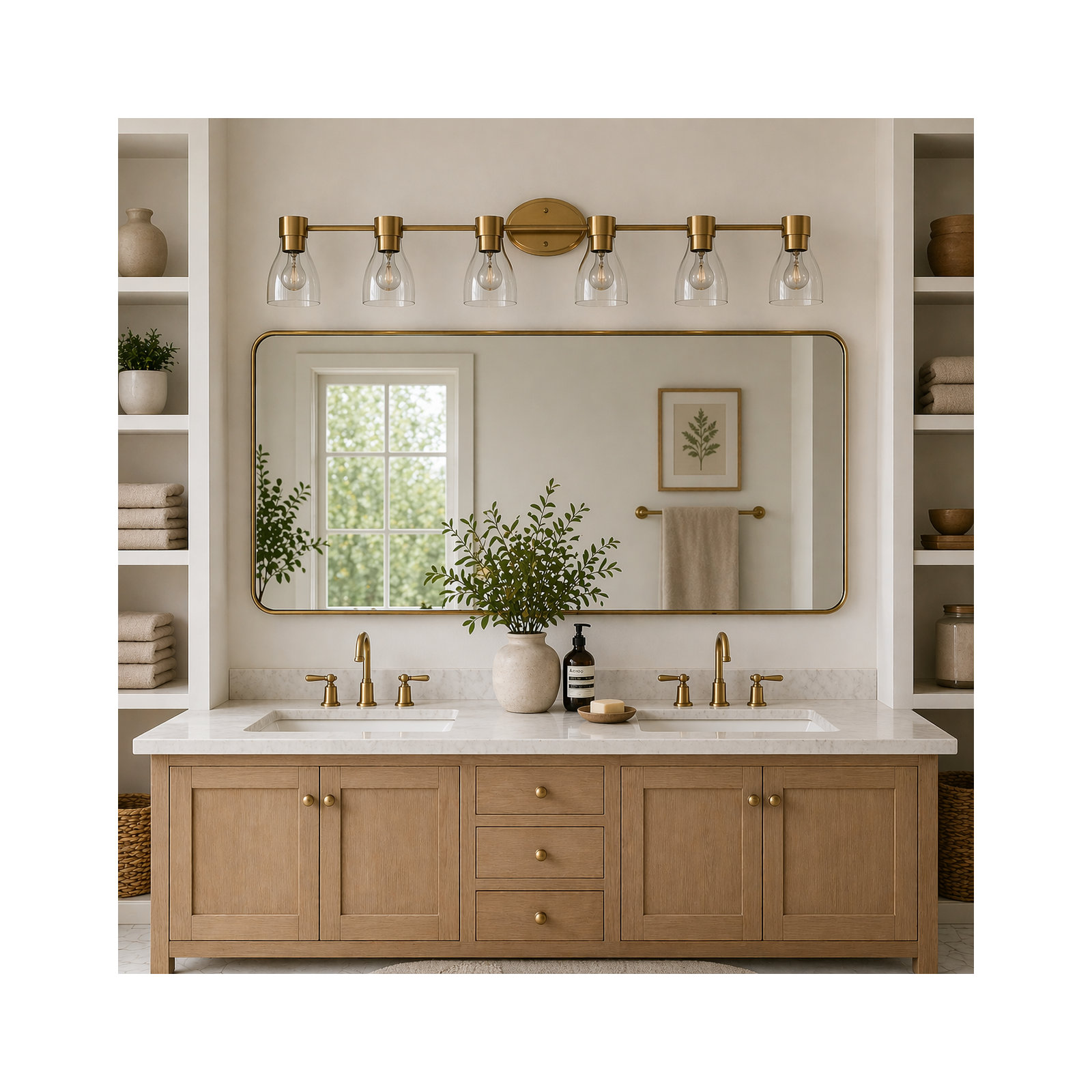 3-Light Brushed Brass Vanity Light with Clear Glass Shades, Brushed Brass, 6