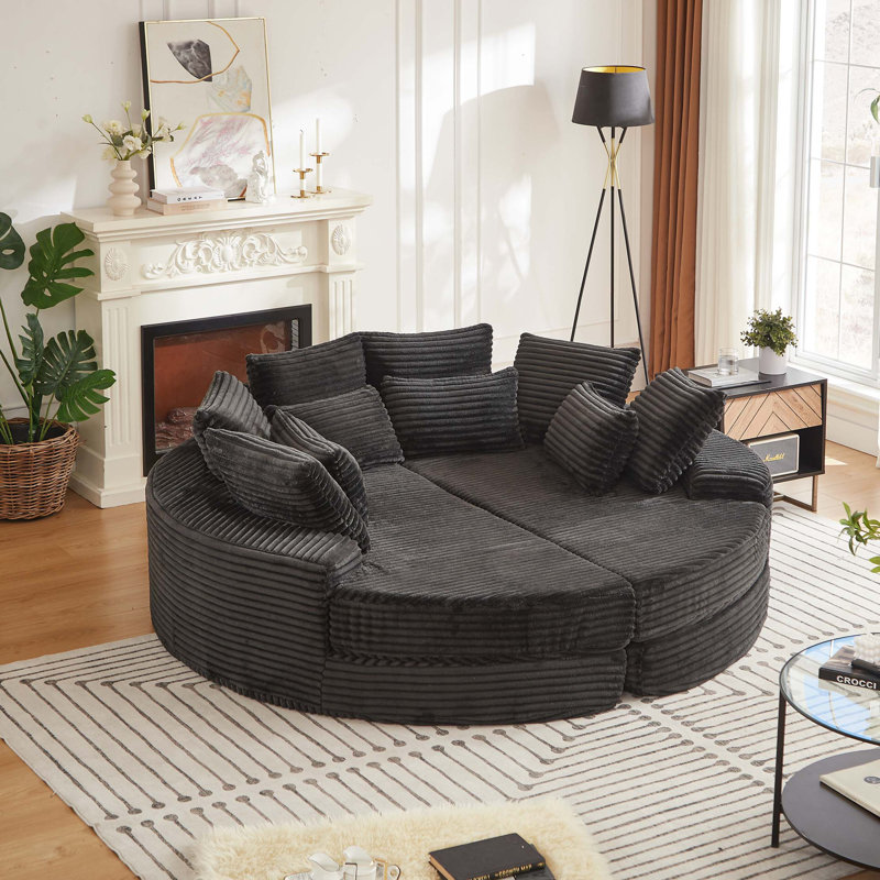Fauteuil inclinable rond en velours côtelé de 78,5 pouces, convertible en deux fauteuils inclinables, canapé-lit 2 en 1 et coussins décoratifs avec cinq coussins décoratifs