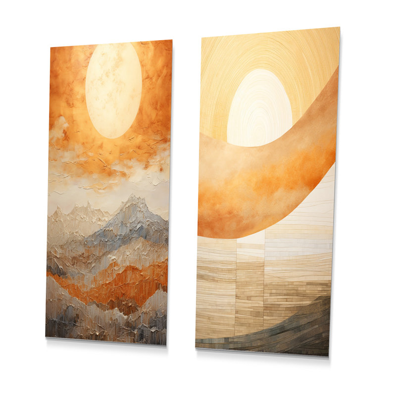 Ensemble de 3 reproductions d'art géométriques or et coucher de soleil, H 28 po x l 24 po
