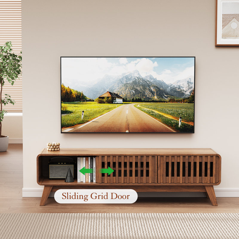 Walnut Retro TV Stand with Lattice Sliding Doors & Solid Wood Legs - Media Console Fits TVs Up to 65" for Living Room, Bedroom and Office