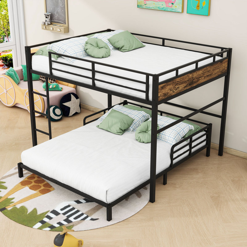 Metal Bunk Bed With Safety Rai, Vintage Wood, Queen Over Queen