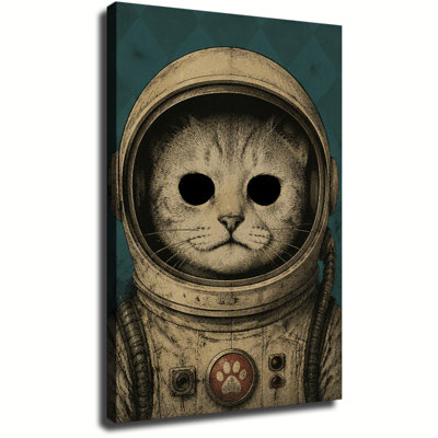 Tableau gothique vintage sur toile représentant un chat astronaute portant un casque spatial, illustration rétro antique encadrée pour la décoration murale de la chambre.