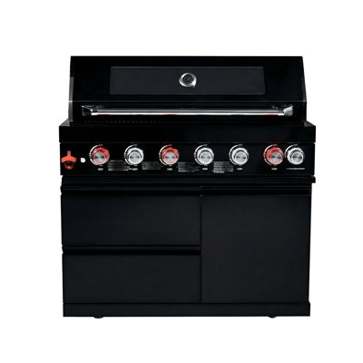 Barbecue au gaz de 43 pouces avec six brûleurs noirs, 85 000 chaleur, 990 pouces carrés d'espace de cuisson, composants en acier inoxydable, hotte double, lumières halogènes, ouvre-bouteille, électronique