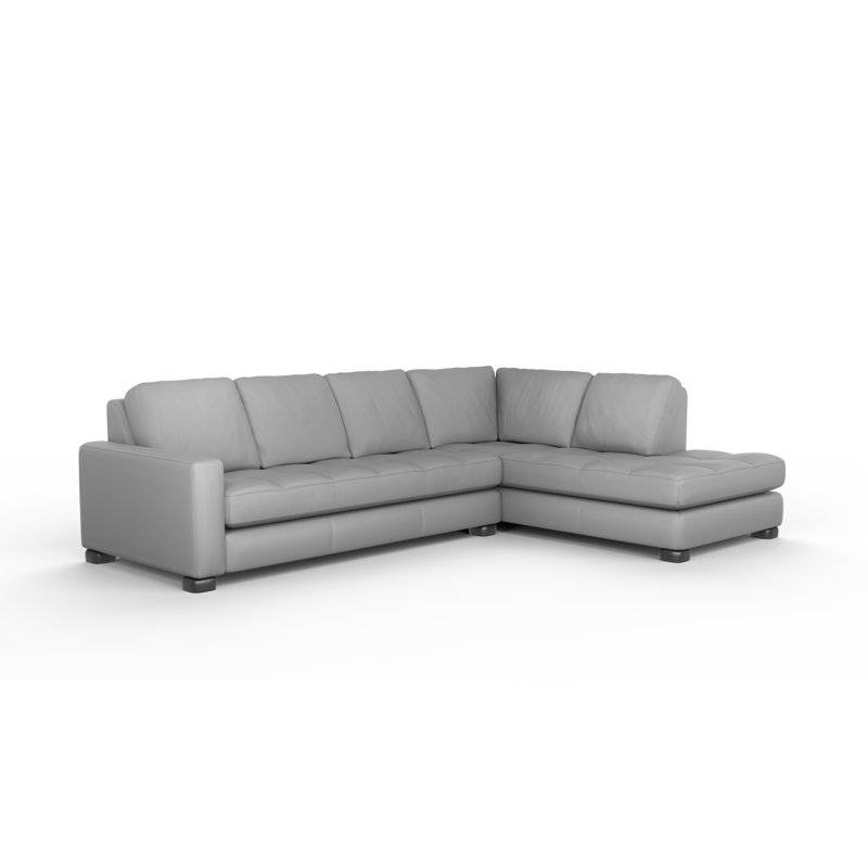 Brooklyn 100% Full Top Grain Leather Sectional, Fantasy Silver Genuine Leather, Right Hand Facing