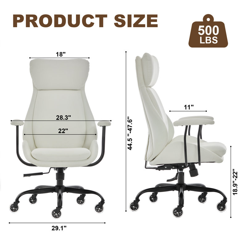 High-Quality PU Leather Office Chair with Premium Durable Construction, Silent Wheels, Easy Assembly, White, White