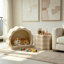 Ensemble de 2 tables basses rondes gigognes en bois avec lit pour animaux de compagnie, style moderne et minimaliste, pour salon, appartement, balcon ou bureau. Couleur beige, sans assemblage.